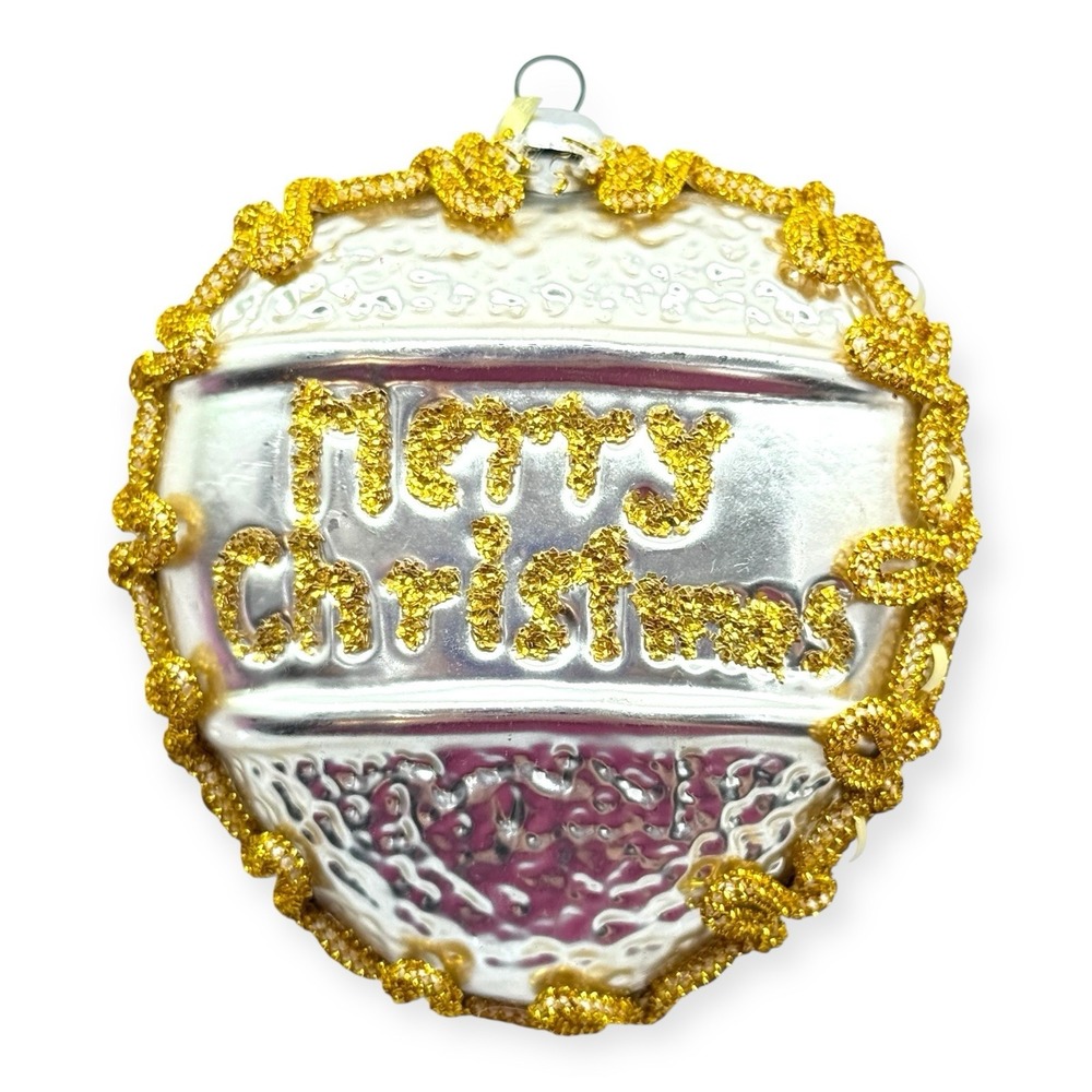 Vintage West Germany Heart Ornament Merry Christmas Pebbled Glass Embellished